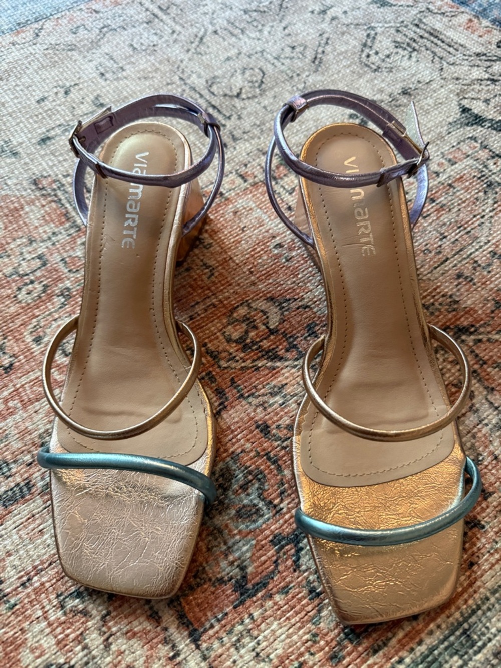 Via Marte Iridescent Strappy Block Heel Sandals - Rose Gold & Lavender Size 9